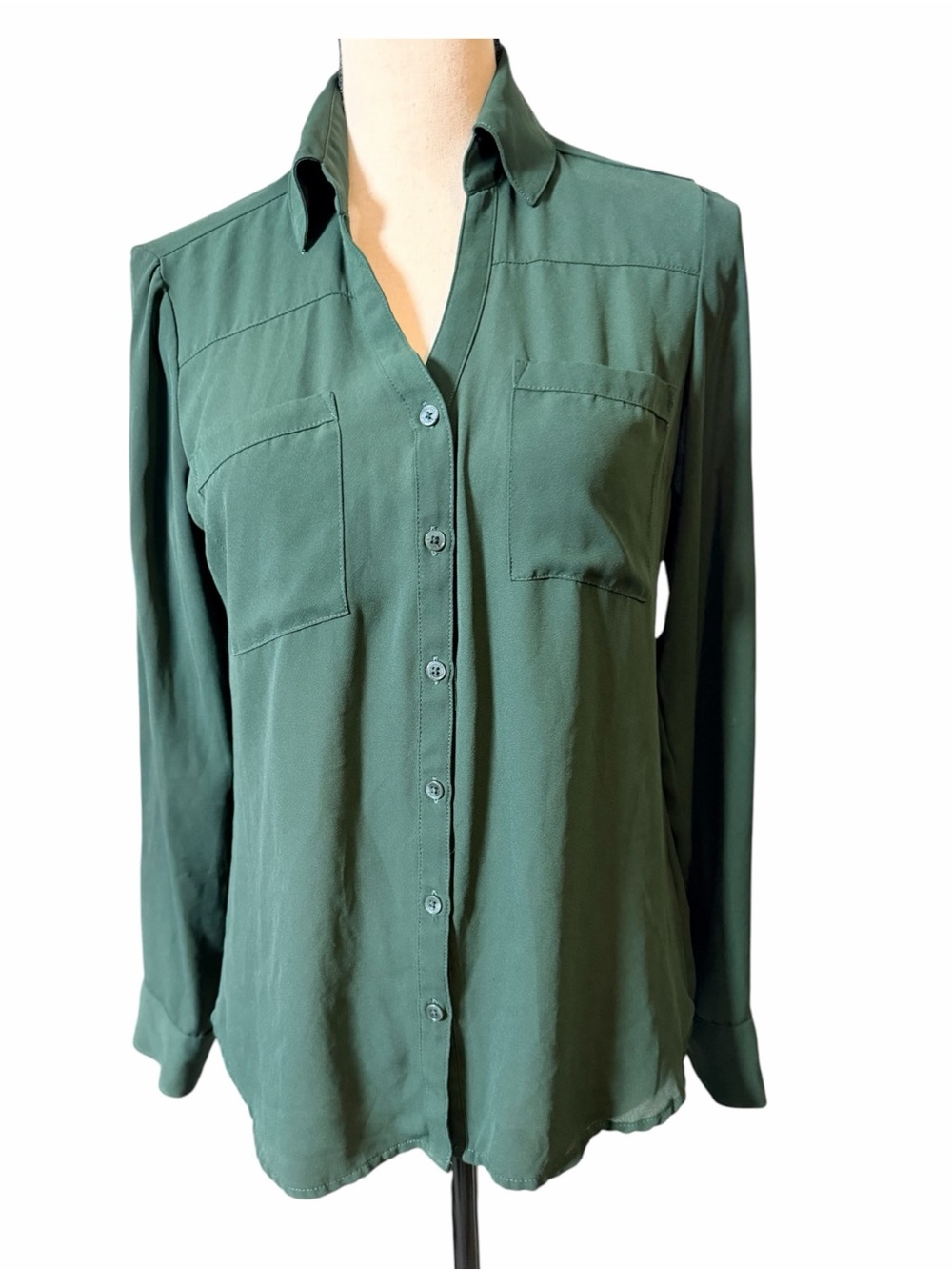 Express Portofino Dark Olive Green Utility Button Up Blouse Top Small Petite